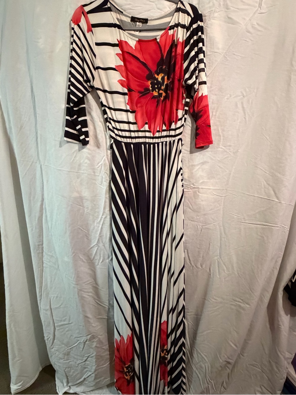 Striped Maxi Dress with Red Floral Accent